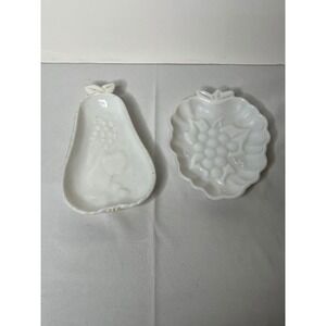 Vintage Milk Glass Fruit Trinket Dish Set Pear and Grape Embossed‎ White Glass